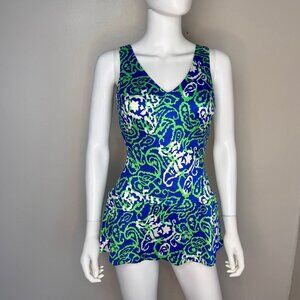 Vintage 1960s Psychedelic Paisley Swimsuit, Sears, XS-Small, One Piece w/ Skirt